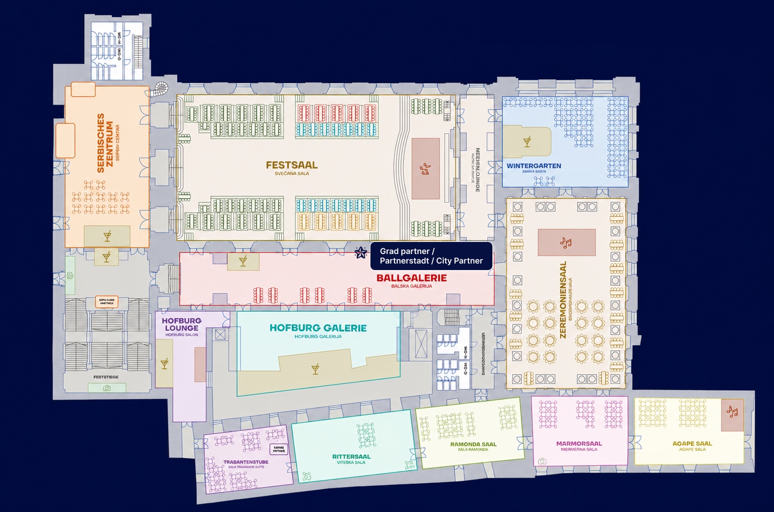 Plan prvog sprata palate Hofburg - pozicija grada partnera u Balskoj galeriji